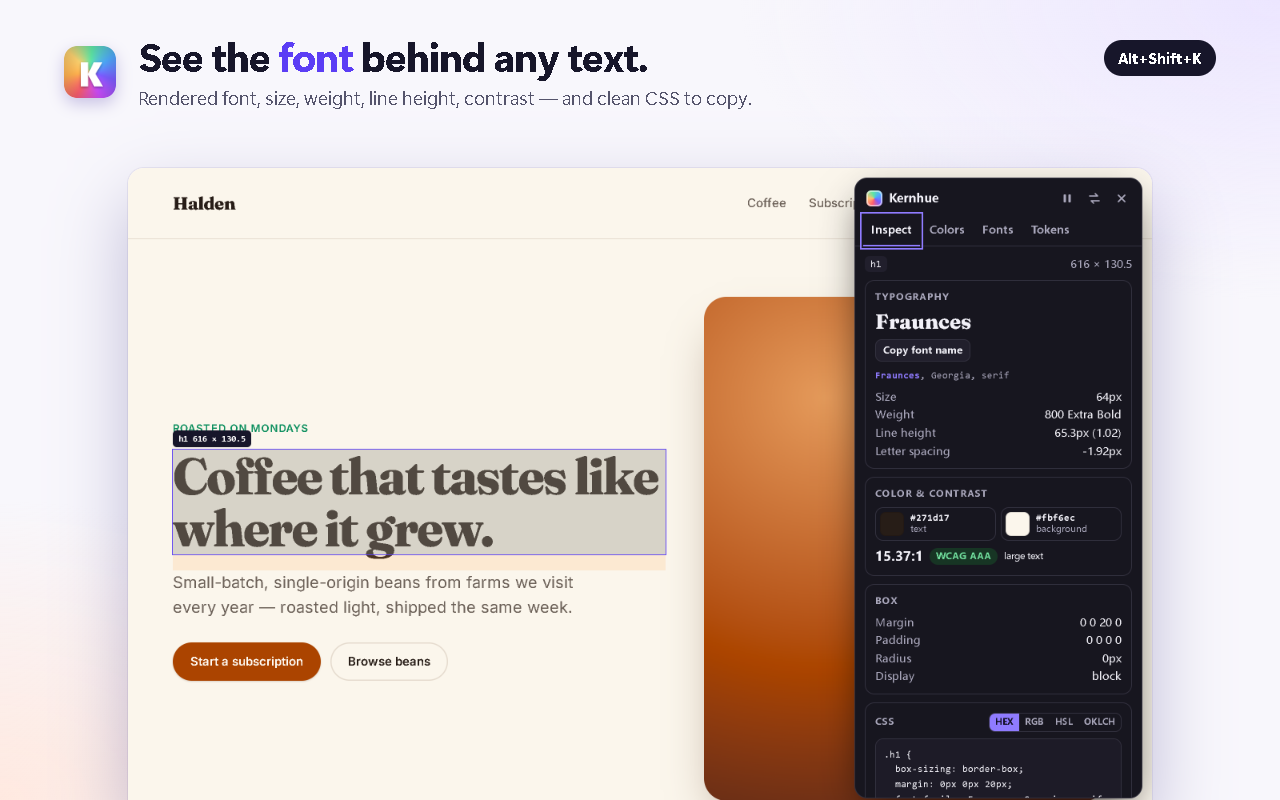 Kernhue pinned on a heading: the rendered font, size, weight, line height, text color with WCAG contrast, and copy-ready CSS.