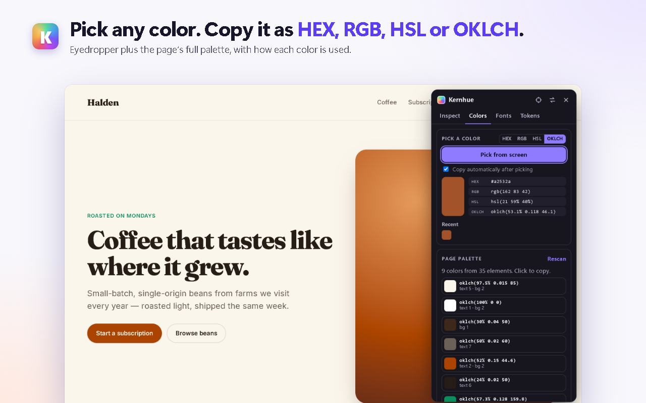 Kernhue Colors tab: a picked color shown in HEX, RGB, HSL and OKLCH, and the page palette with how each color is used.