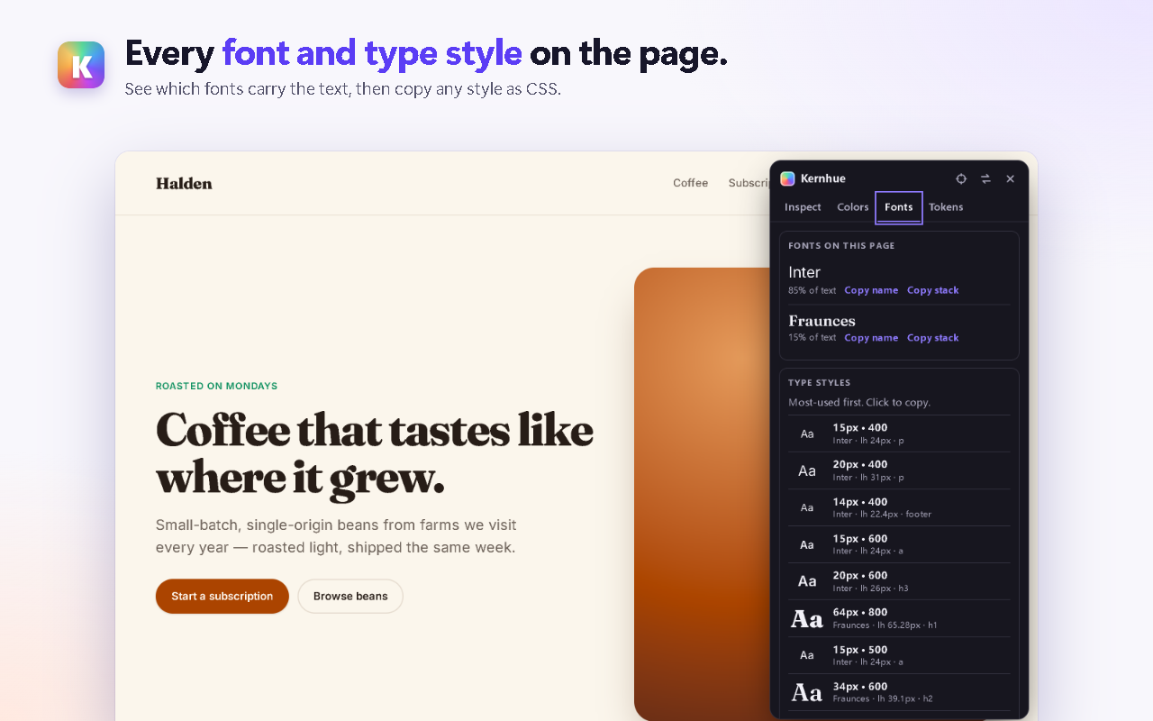 Kernhue Fonts tab: every font on the page with its share of text, and the type styles in use.